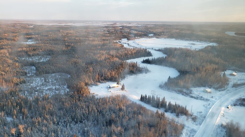 Aerial photograph of land and water