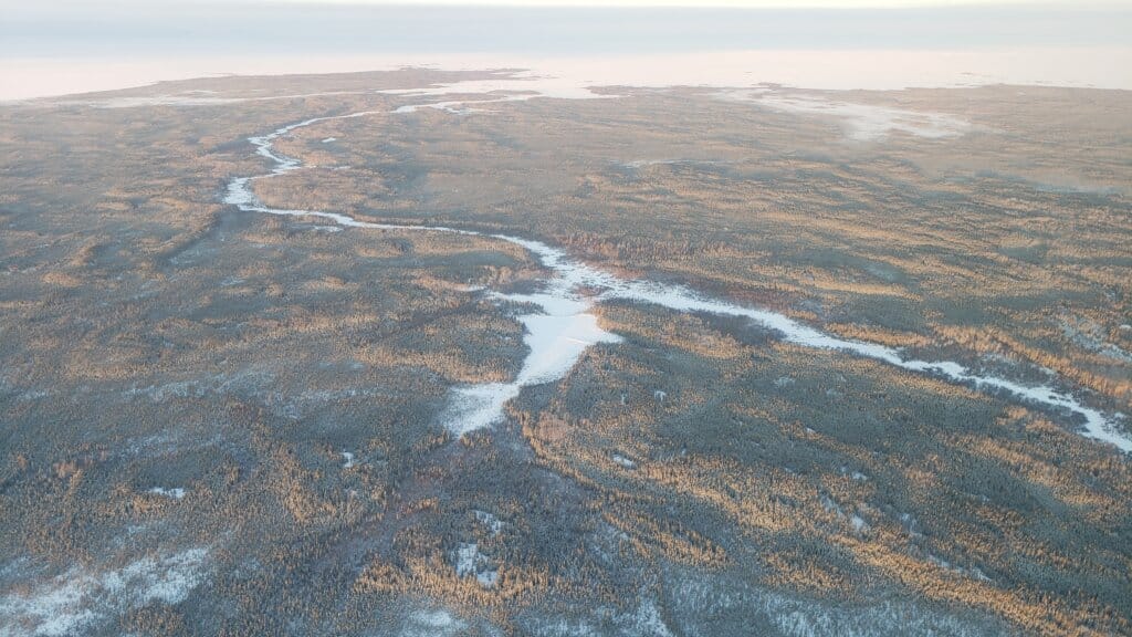 Aerial photograph of land and water