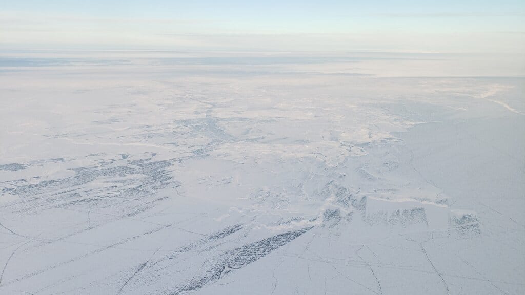 Aerial photograph of land and water