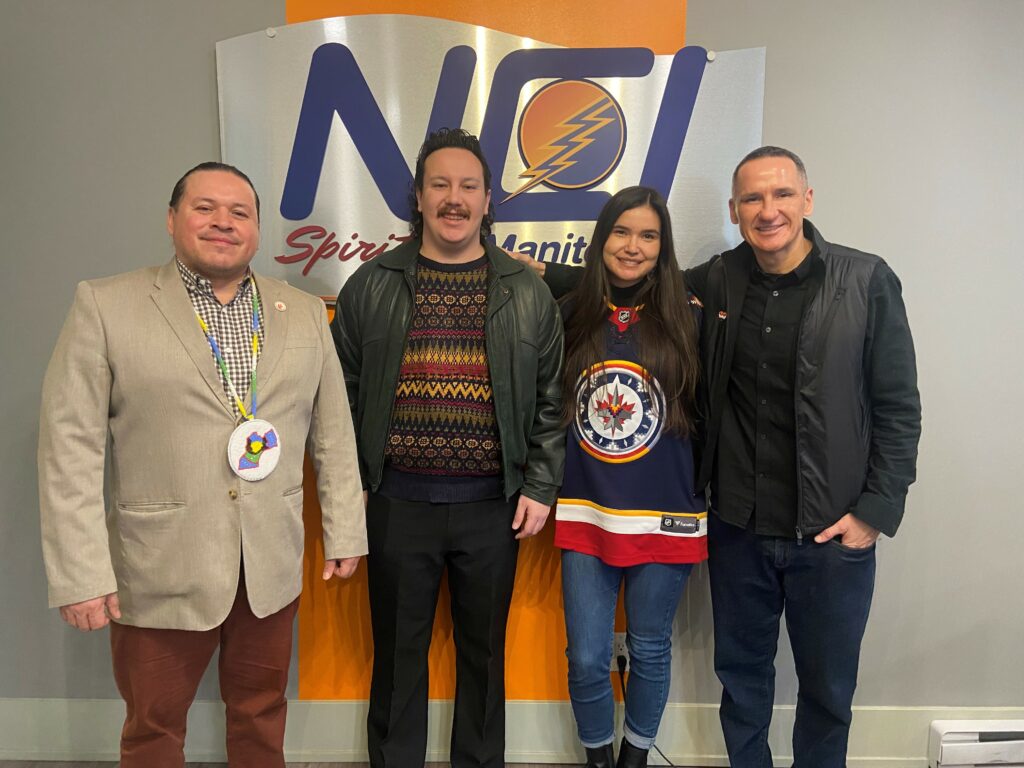 Kevin Chief is pictured here with Grand Chief Jerry Daniels, Darian McKinney, and Reanna Merasty. The four of them will be on "Fireside Chats with Grand Chief Jerry Daniels" on Friday, February 9 at 5:30 pm on NCI FM radio.