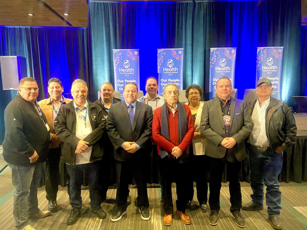 Pictured here from left to right: Chief Wayne Desjarlais (Ebb and Flow First Nation); Councillor Darrell Shorting (Little Saskatchewan First Nation); Chief Cornell McLean (Lake Manitoba First Nation); Chief Cameron Catcheway (Skownan First Nation); SCO Grand Chief Jerry Daniels; Chief Gordon Bluesky (Brokenhead Ojibway Nation); Dr. Phil Fontaine; Chief Vera Mitchell (Poplar River First Nation); Grand Chief Garrison Settee (MKO); and Chief Murray Clearsky (Waywayseecappo First Nation).