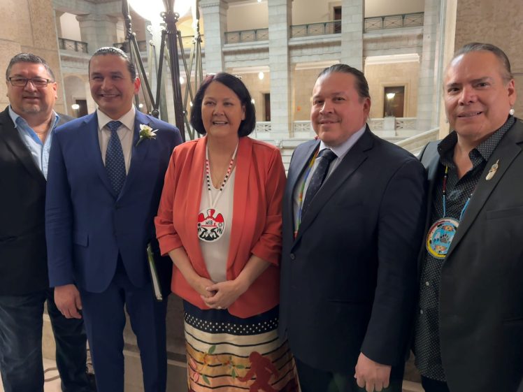 Premier Wab Kinew with Chief David Monias, Grand Chief Cathy Merrick, Grand Chief Jerry Daniels, and Grand Chief Garrison Settee